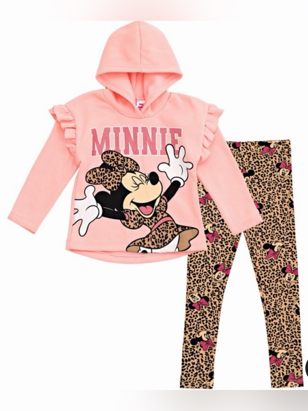 NWT DISNEY Minnie Mouse Toddler Pink Fleece Hoodie & Leopard Leggings Set 2T